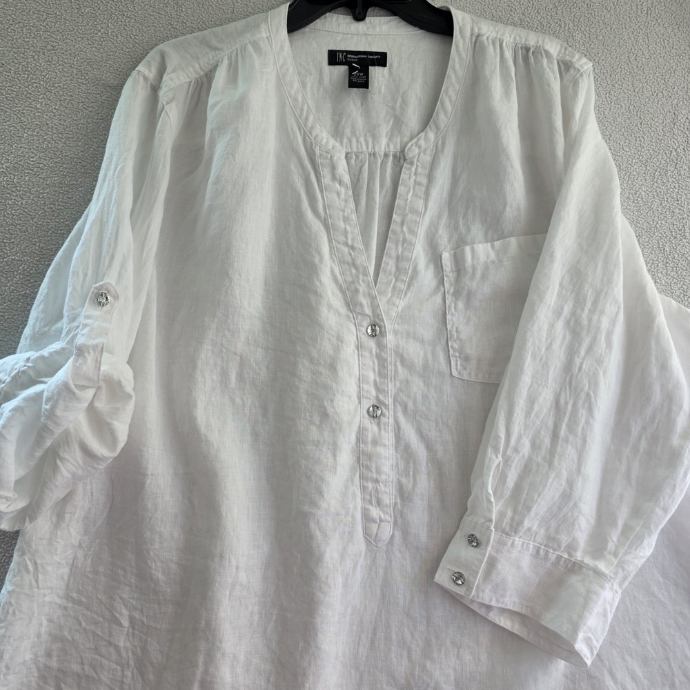 INC Linen Blouse 22W White 3/4 Sleeve Roll Tab Lightweight Top - Picture 14 of 16